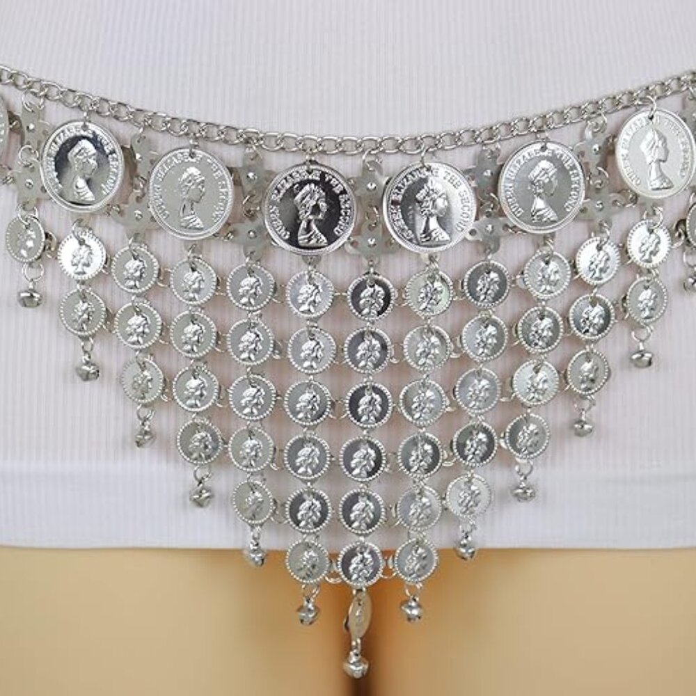 Women Silver Metal Chain Coin Charms Dangle Costume Belt for Belly Dance (S/M/L) - Picture 8 of 17